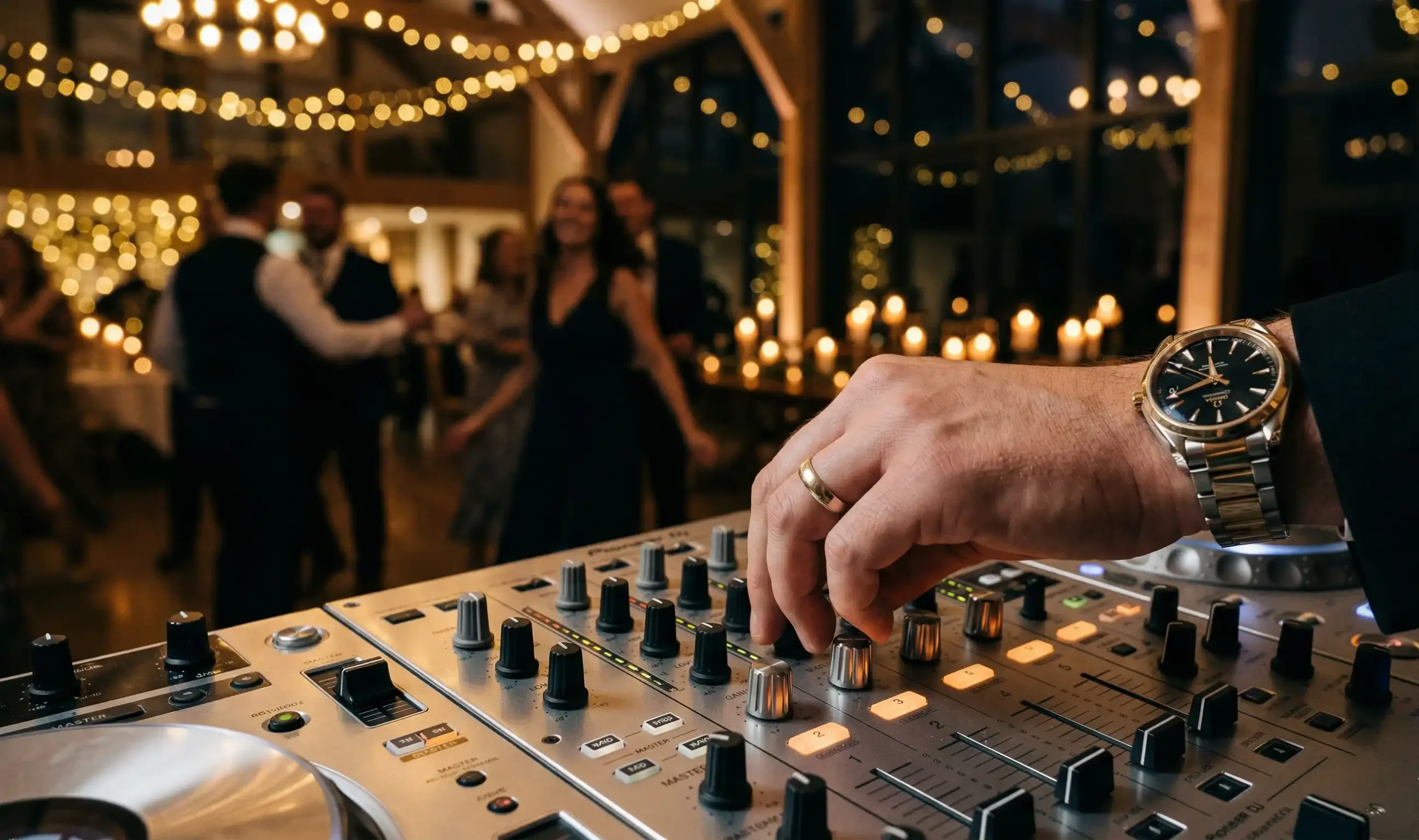 Nowoczesny DJ na weselu, profesjonalne oświetlenie, pełny parkiet