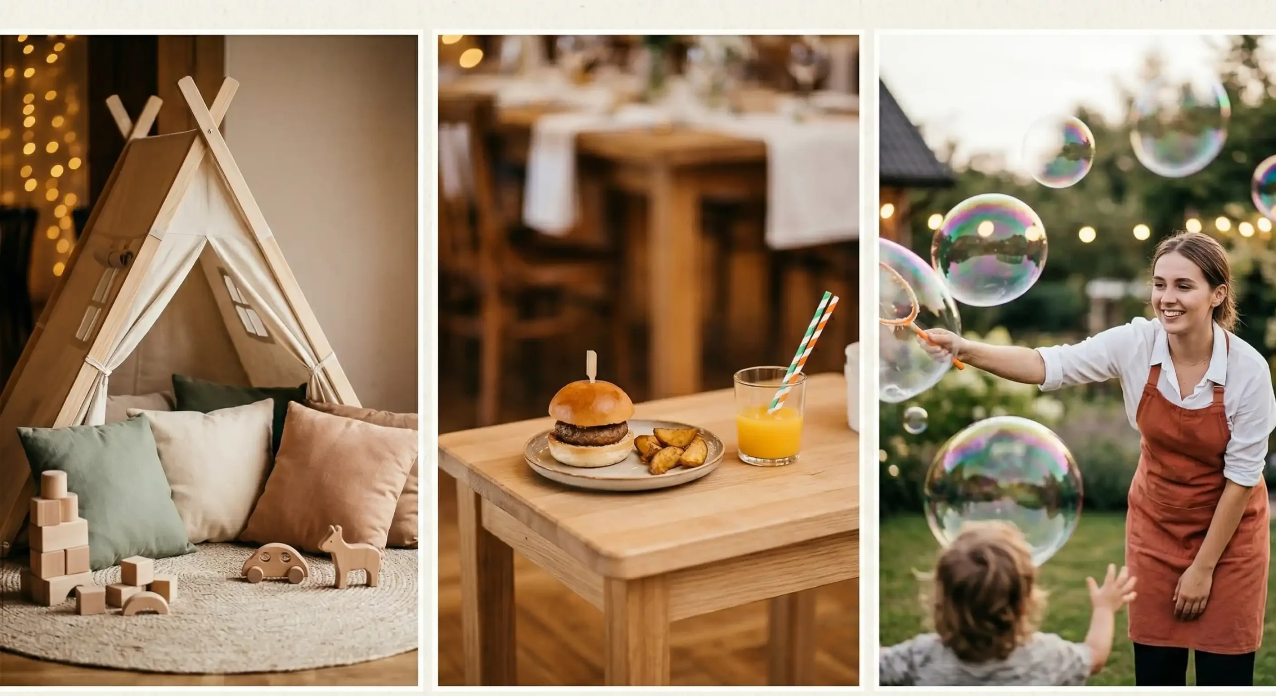 Minimalistyczny kadr puste krzesło weselne z dziecięcąkolage propozycji zabaw dla dziecig-image img-wide