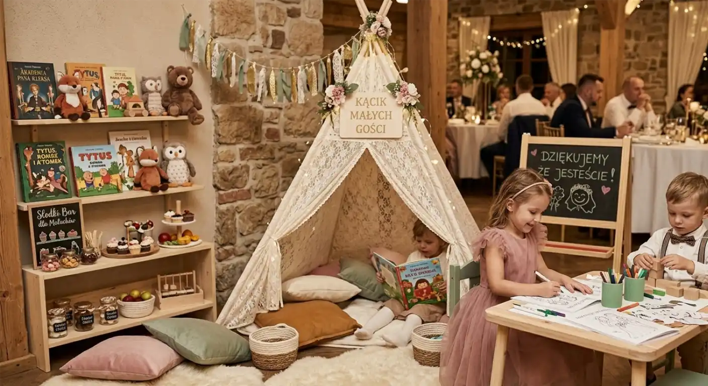 Pięknie zaaranżowany kącik dla dzieci na weselu fine art
