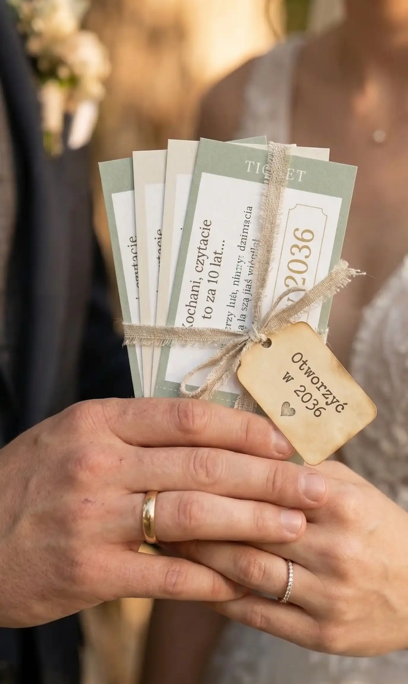 Wzruszona para młoda czytająca życzenia ślubne