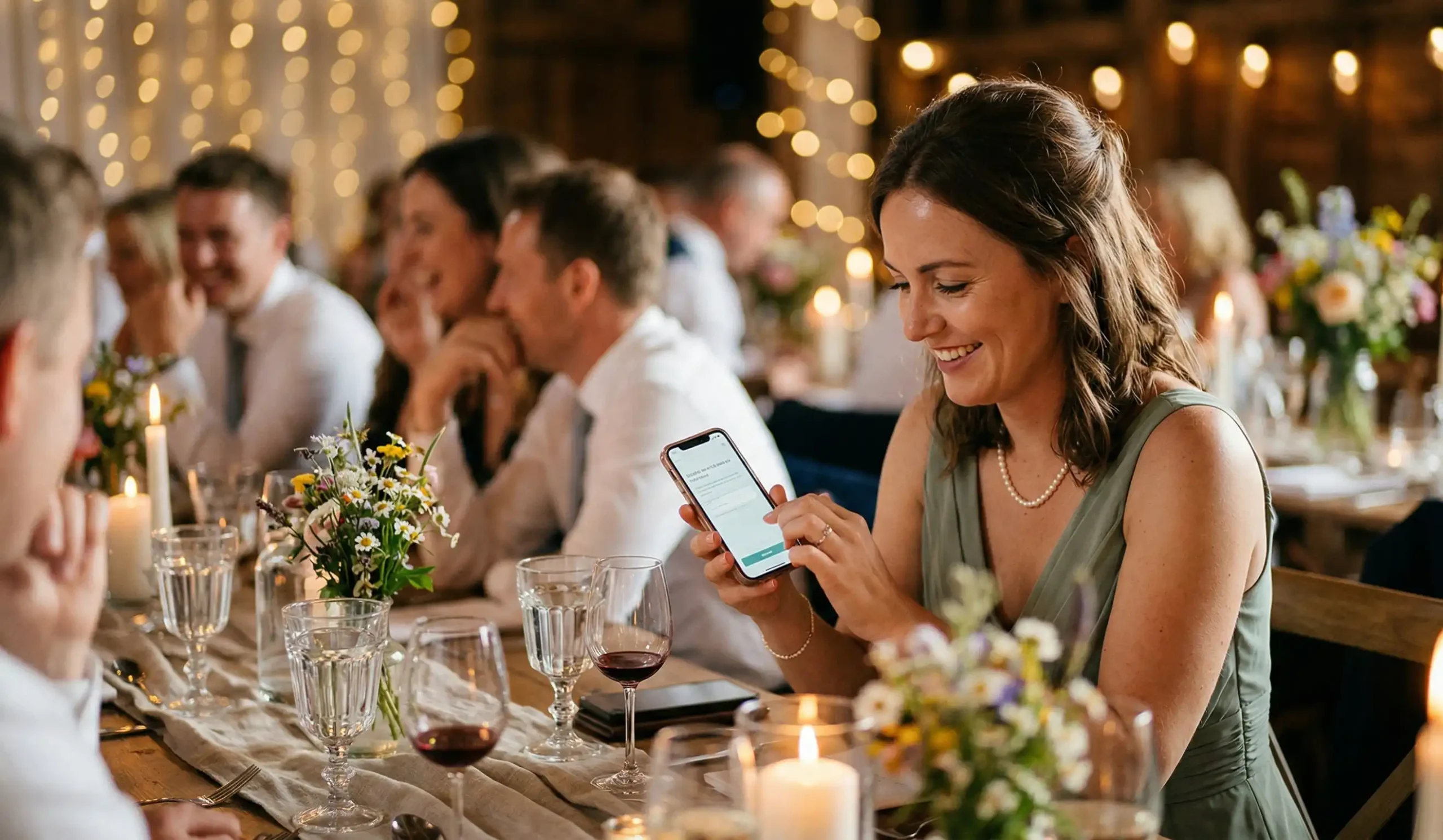 Gość na weselu siedzący przy stoliku i wpisujący życzenia na telefonie