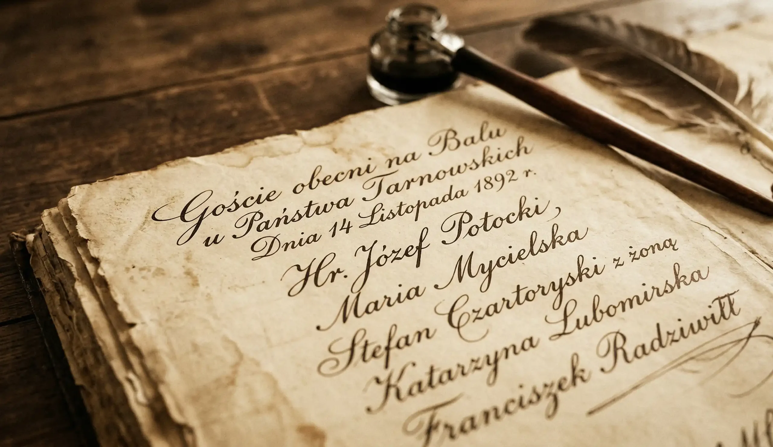 Zbliżenie na kaligrafowane wpisy w zabytkowej księdze gości