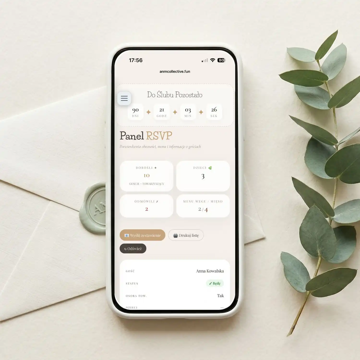 Panel zarządzania weselem ANM Collective sekcja RSVP menu