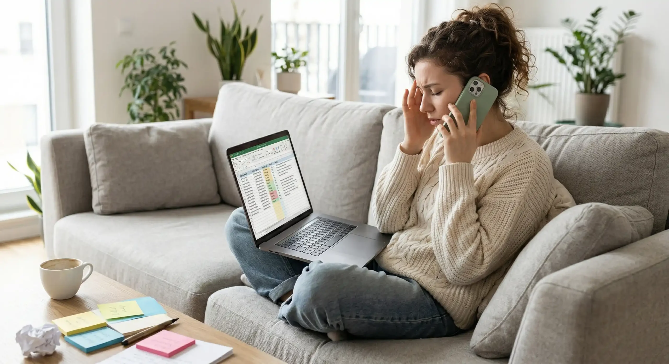 Zestresowana panna młoda łapiąca się za głowę przed laptopem z otwartym Excelem, rozmawiająca przez telefon