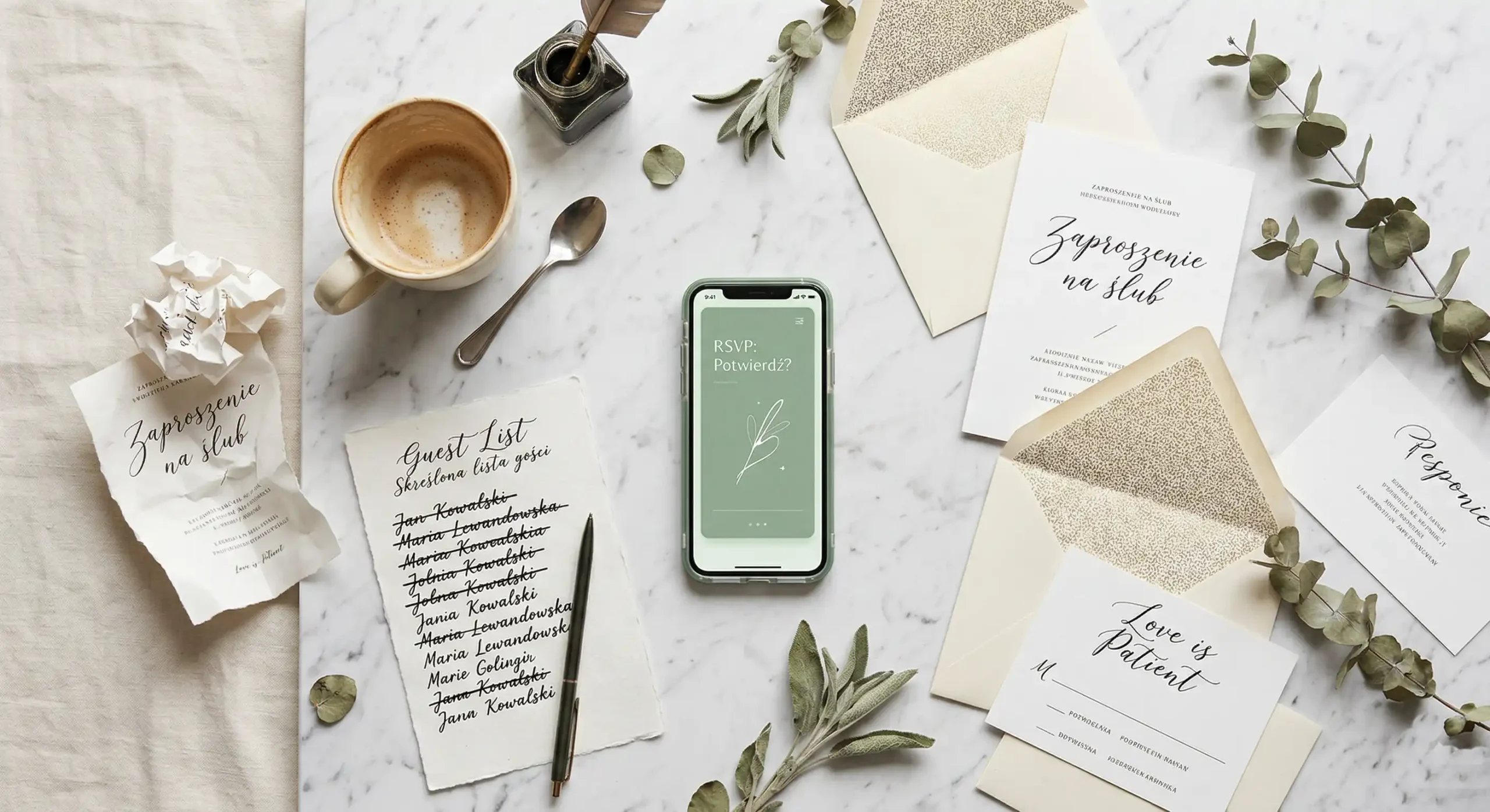 Estetyczny chaos na biurku panny młodej - pogniecione kartki, zaproszenia ślubne i kawa