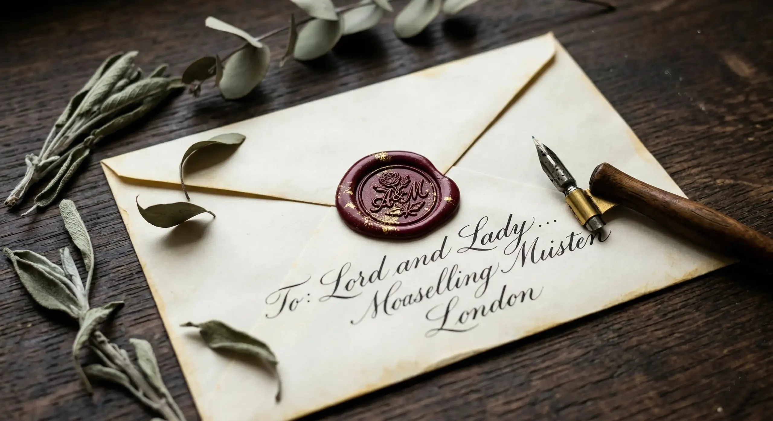 Stare kaligrafowane zaproszenie ślubne z bordową pieczęcią lakową