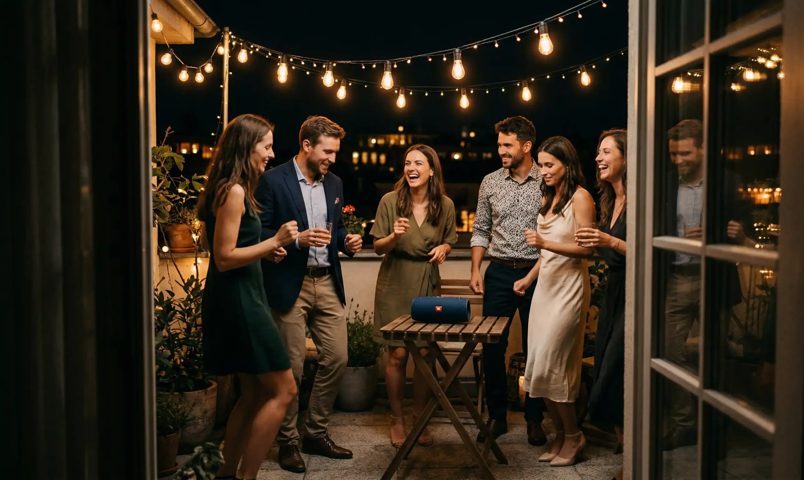 Młodzi ludzie bawiący się na tarasie weselnym przy przenośnym głośniku