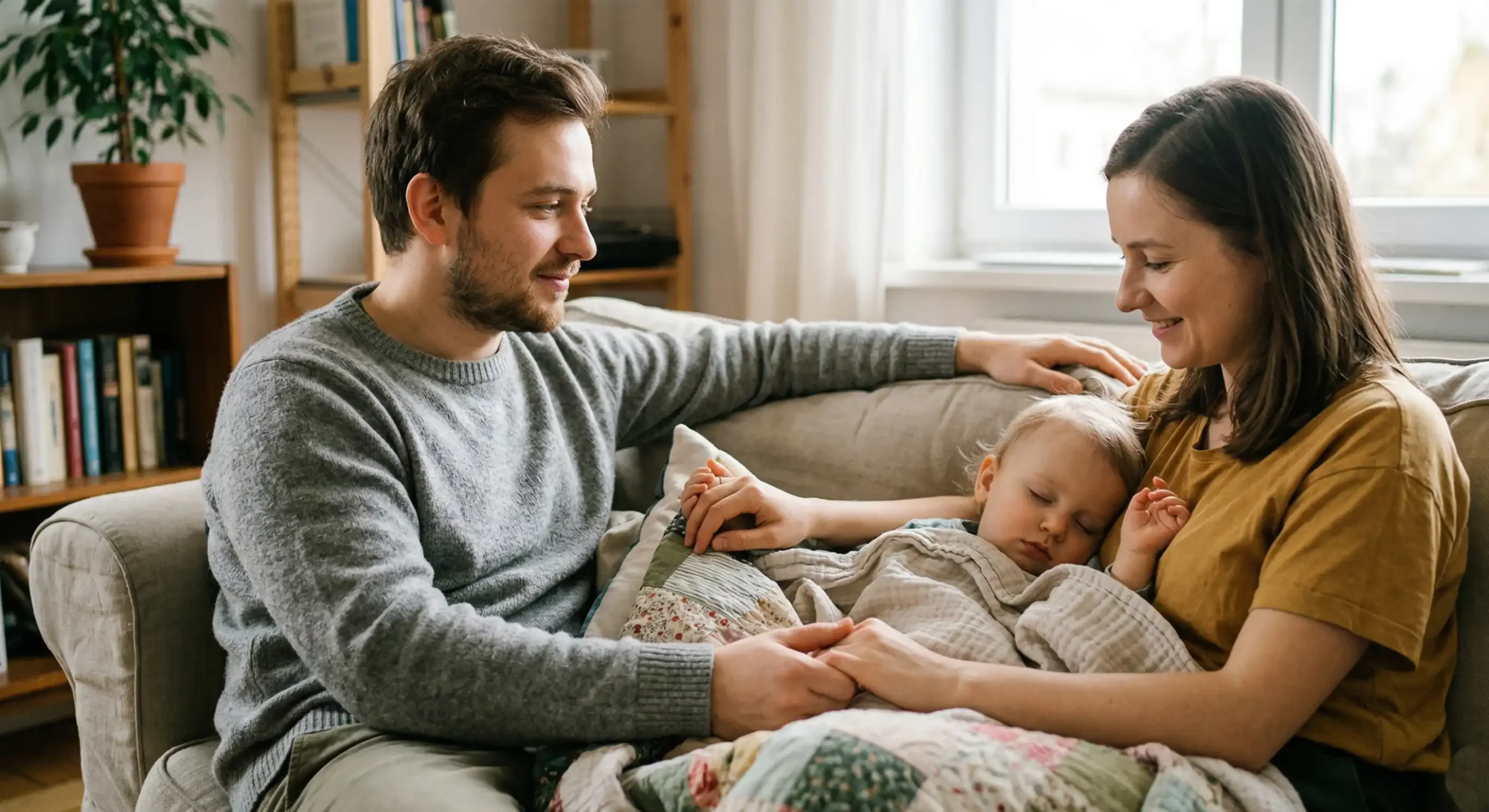 Młoda para siedząca na kanapie trzymająca się za ręce z małym śpiącym dzieckiem lifestyle