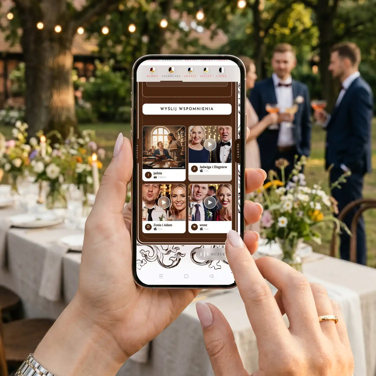 Mockup cyfrowej Księgi Życzeń pokazujący wpisy gości ze zdjęciami