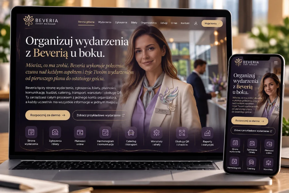 Mockup aplikacji Beveria do zarządzania wydarzeniami biznesowymi