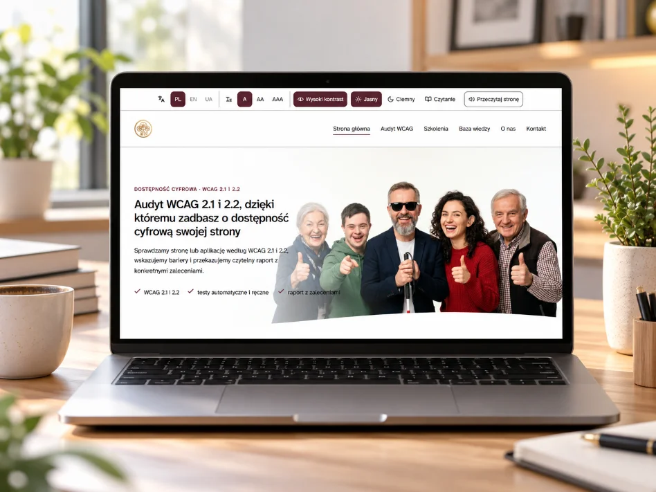 Mockup strony dotyczącej audytu dostępności WCAG na laptopie