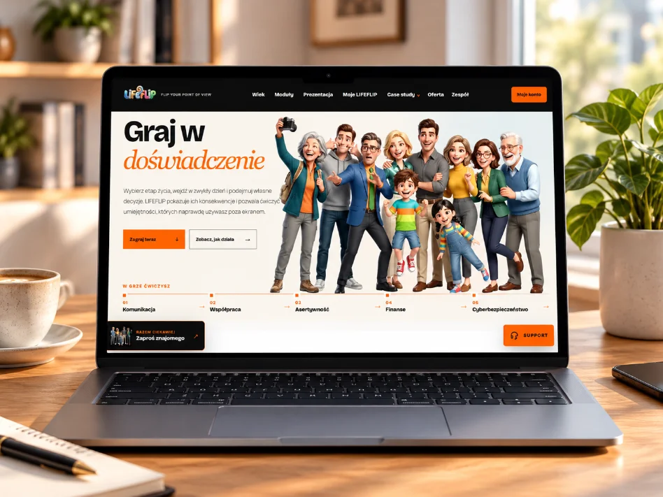 Aplikacja LifeFlip przedstawiona na laptopie w domowym biurze